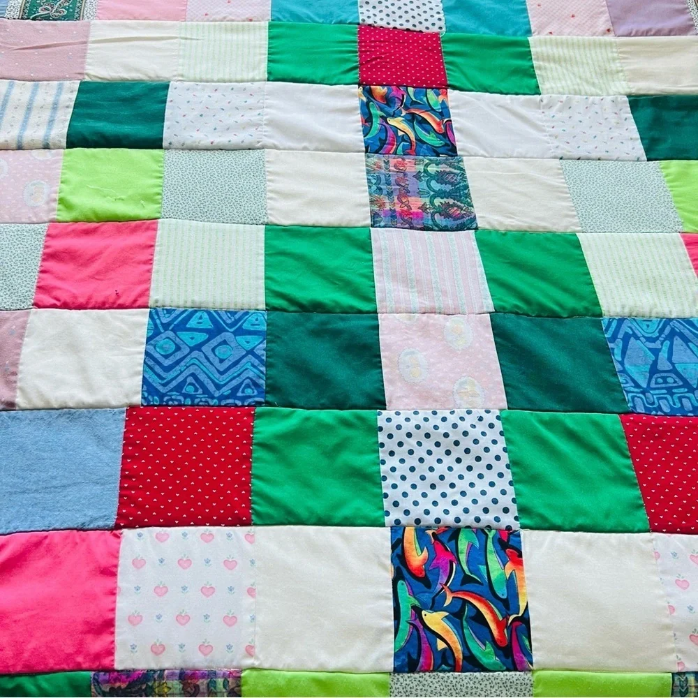 65”x92” Vintage 70’s Patchwork Crazy Squares Cotton Quilt.